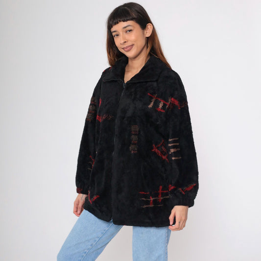 90s Forecaster Fleece Jacket Black Abstract Geometric Zip Up Extra Small