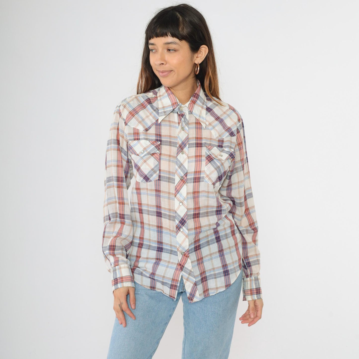 70s Western Pearl Snap Shirt Plaid White Red Blue Dagger Collar Men's Small