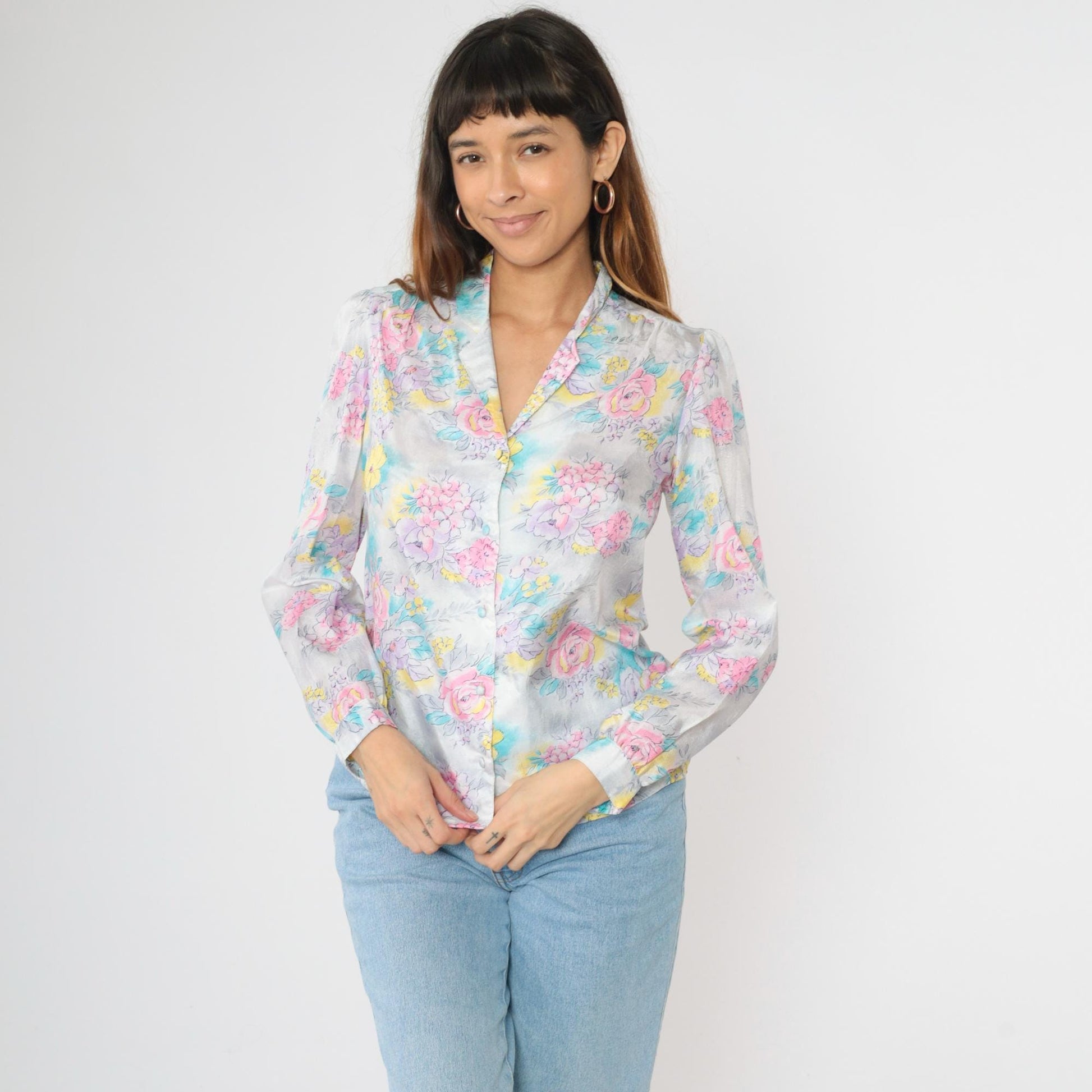 80s Pastel Floral Puff Sleeve Button Up Blouse Pink Lavender Blue Medium