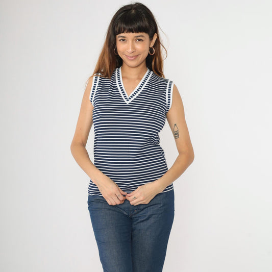 80s Kmart Navy Striped Tank Top V-Neck Ringer Tee White Small