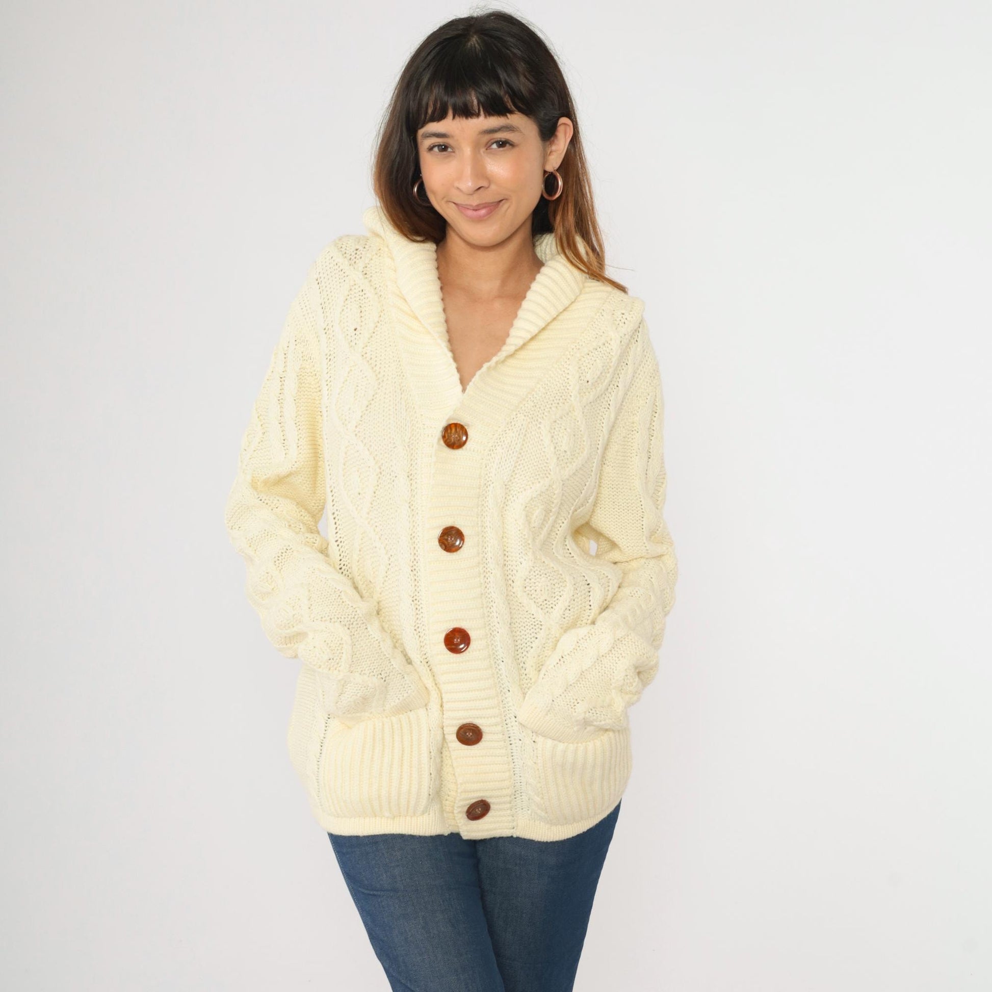 70s Richman Brothers Cable Knit Cardigan Cream Shawl Collar Medium
