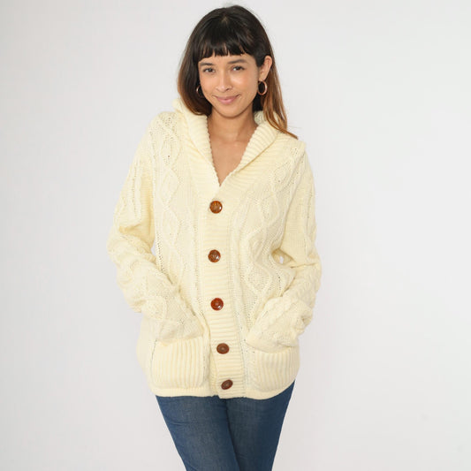 70s Richman Brothers Cable Knit Cardigan Cream Shawl Collar Medium