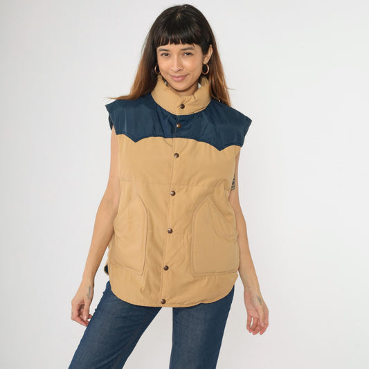 80s Goose Down Puffer Vest Tan Navy Yoke Colour Block Ski Sleeveless Large L