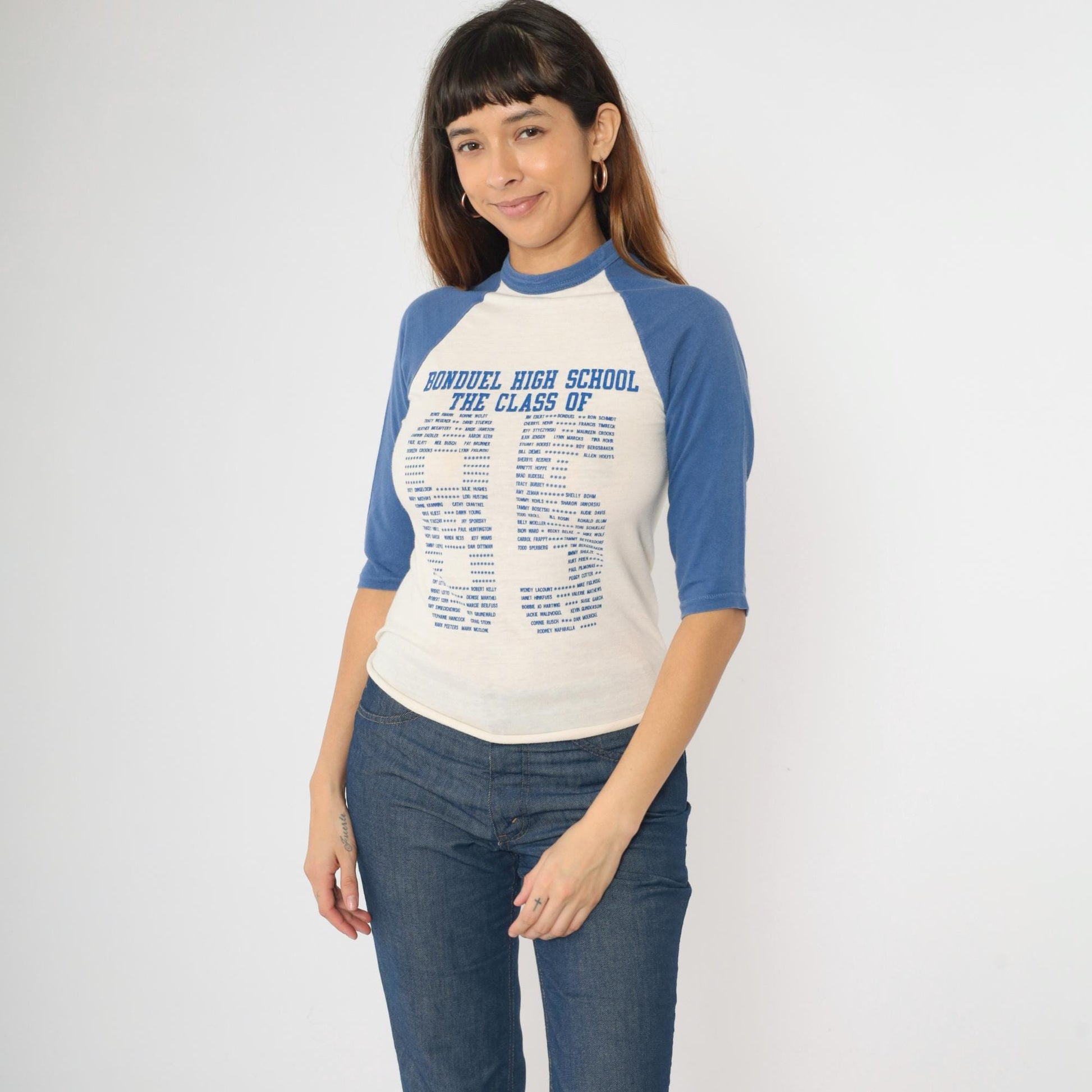 80s Bonduel High School Class of 1985 Raglan Baseball Tee Blue White Graphic Small