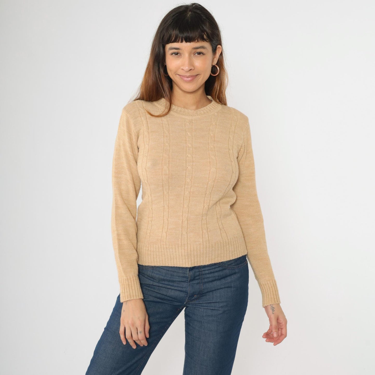 70s Tan Cable Knit Crewneck Pullover Sweater Small S