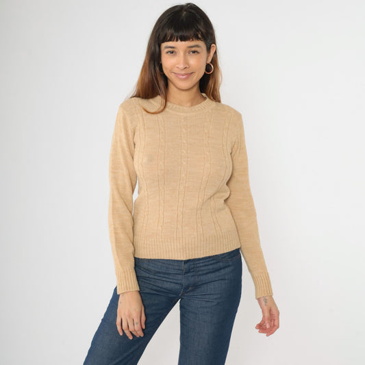 70s Tan Cable Knit Crewneck Pullover Sweater Small S