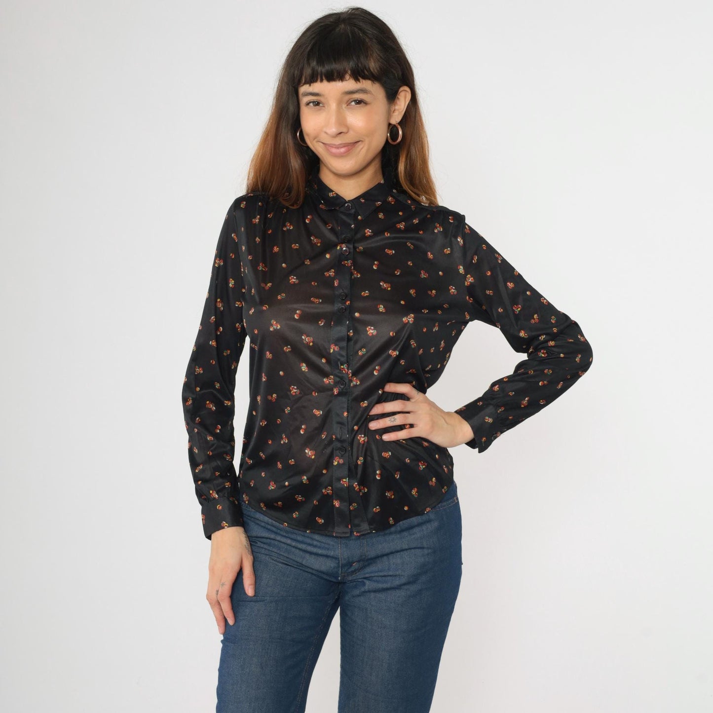70s Black Abstract Sphere Print Button Down Blouse Long Sleeve Pointed Collar Medium