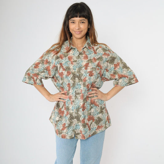 90s Dockers Zodiac Print Button Up Shirt Olive Green Blue Cotton Large L