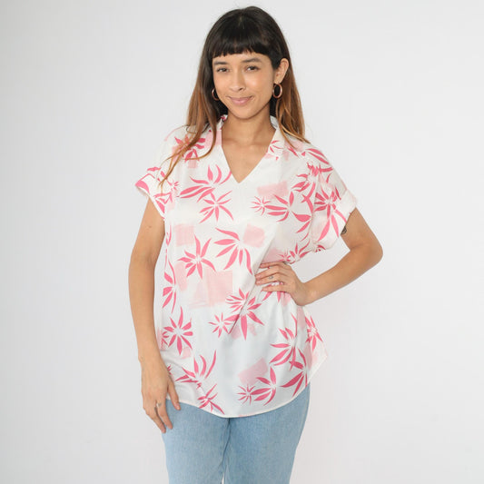 80s Aimee of California Hawaiian Shirt White Pink Tropical Print V-Neck Large L