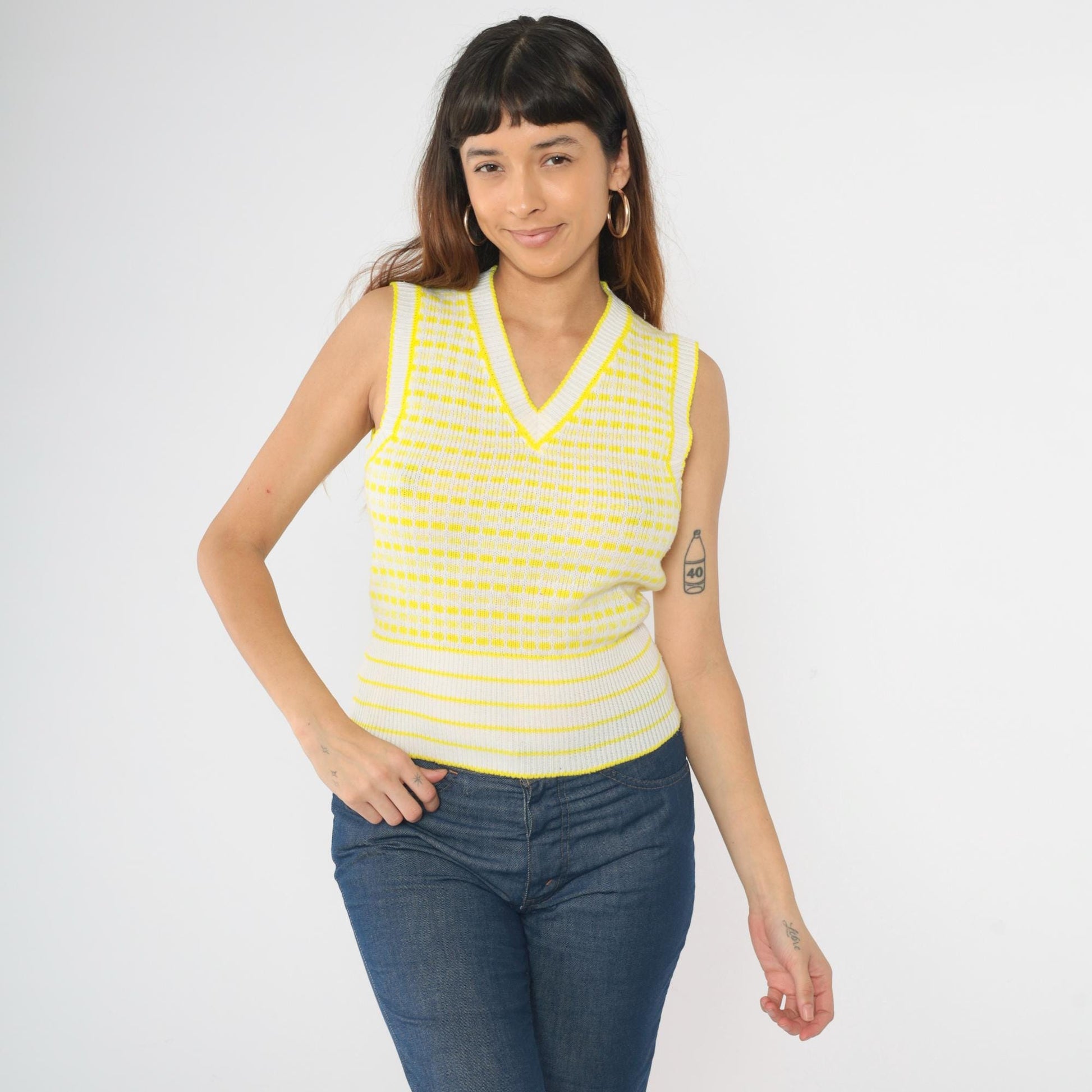 70s Sweater Vest White Yellow Striped Square Print V-Neck Pullover Small