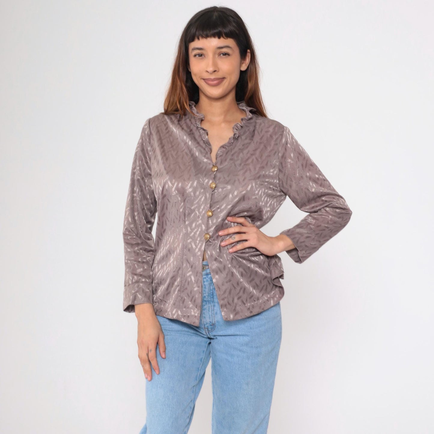 80s Taupe Jacquard Blouse Ruffle Collar Button Up Long Sleeve Large L