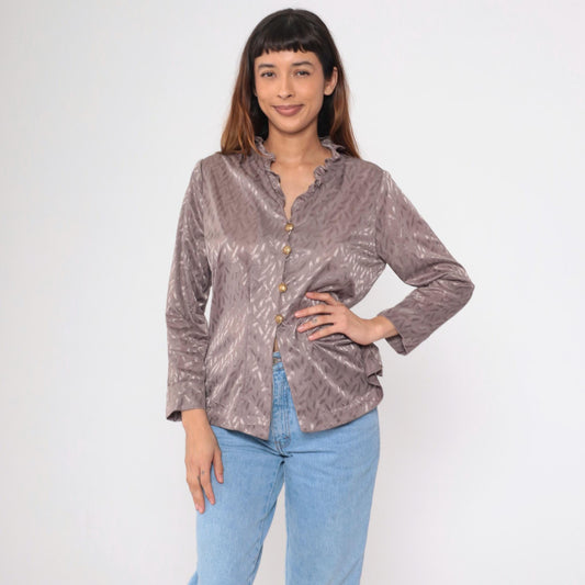 80s Taupe Jacquard Blouse Ruffle Collar Button Up Long Sleeve Large L