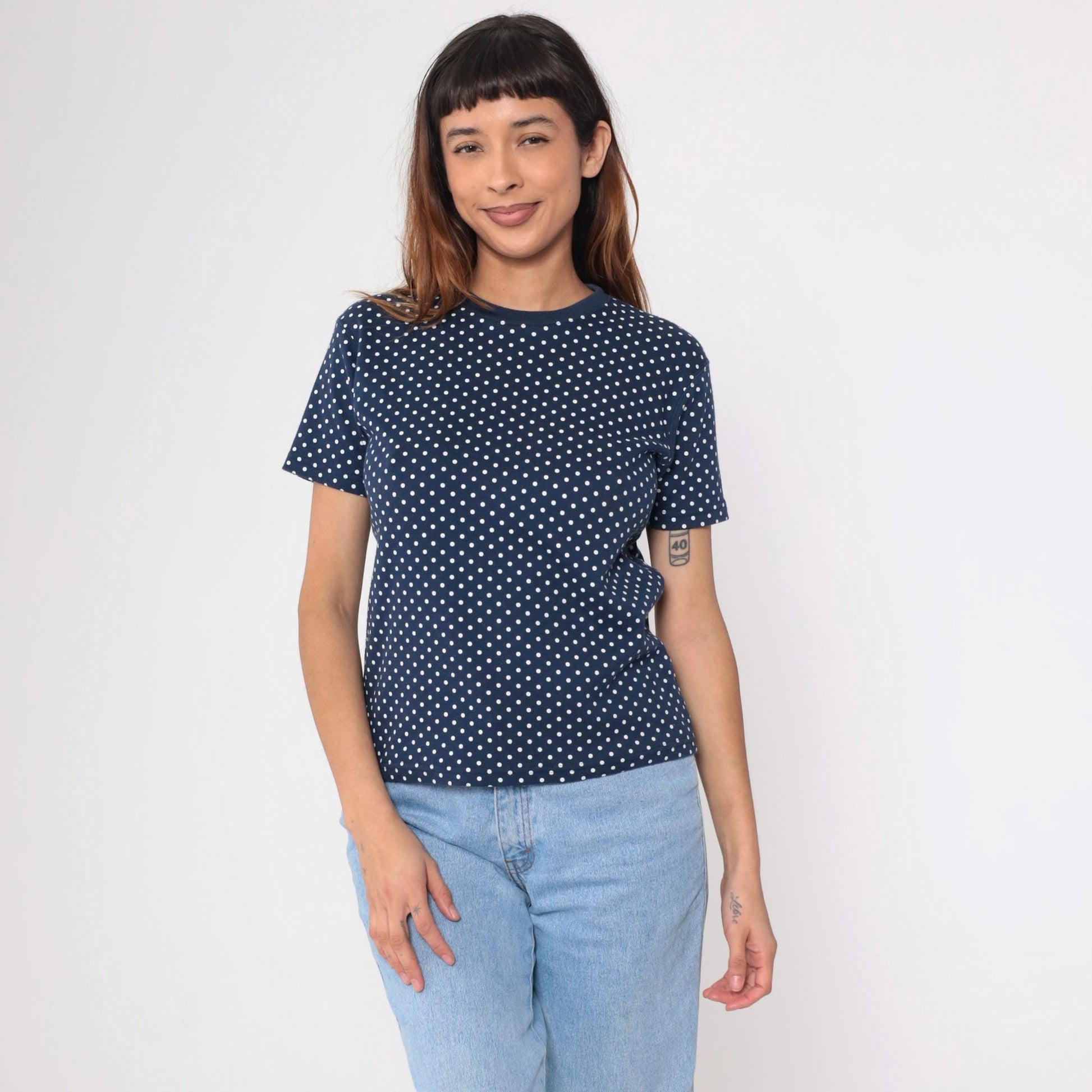 90s Navy Polka Dot T-Shirt White Dots Crewneck Petite Small