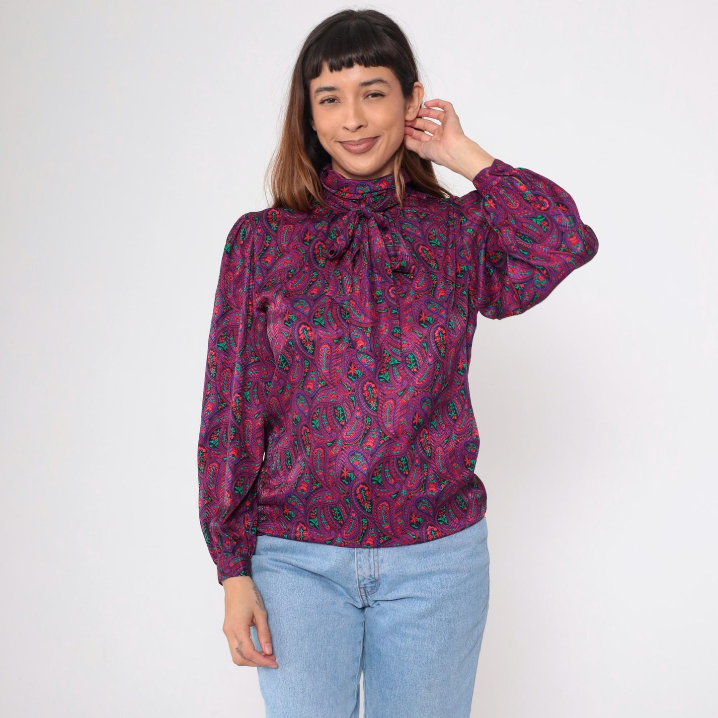 80s Paisley Necktie Blouse Red Purple Psychedelic Button-Up Long Sleeve Small
