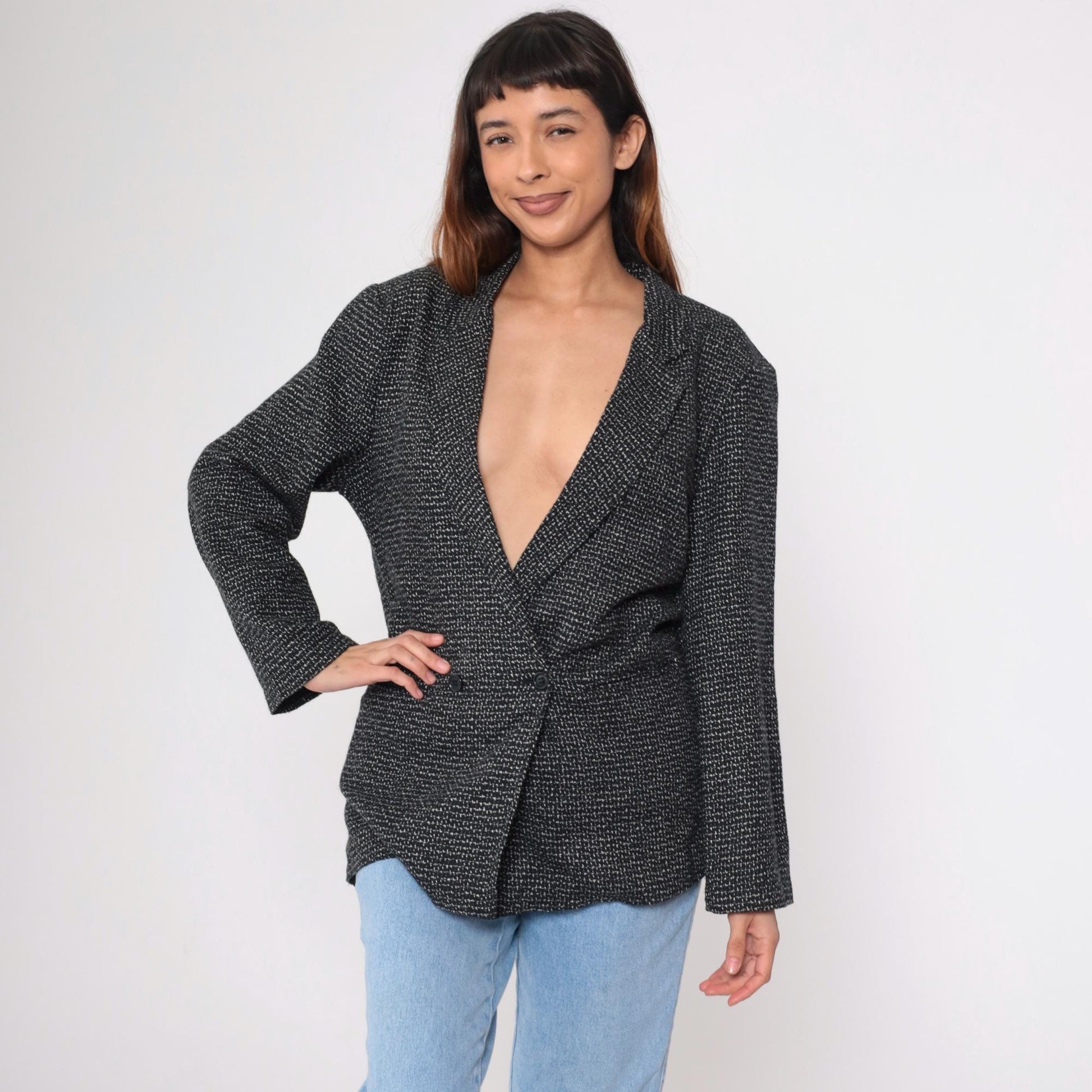 80s Black & White Textured Double-Breasted Blazer Deep V Neck Medium 36