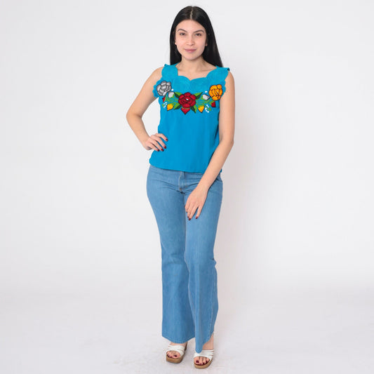 90s Mexican Embroidered Floral Tank Top Blue Scalloped Neckline Small