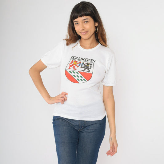 80s Zollikofen Switzerland Coat of Arms Graphic T-Shirt White Small