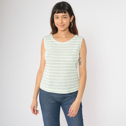 70s Green White Striped Knit Tank Top Scoop Neck Small Medium