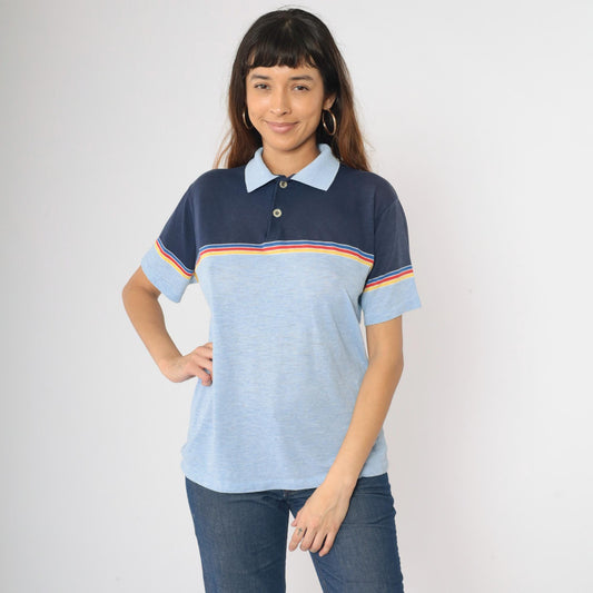 80s Campusport Polo Shirt Baby Blue Navy Colour Block Striped Medium