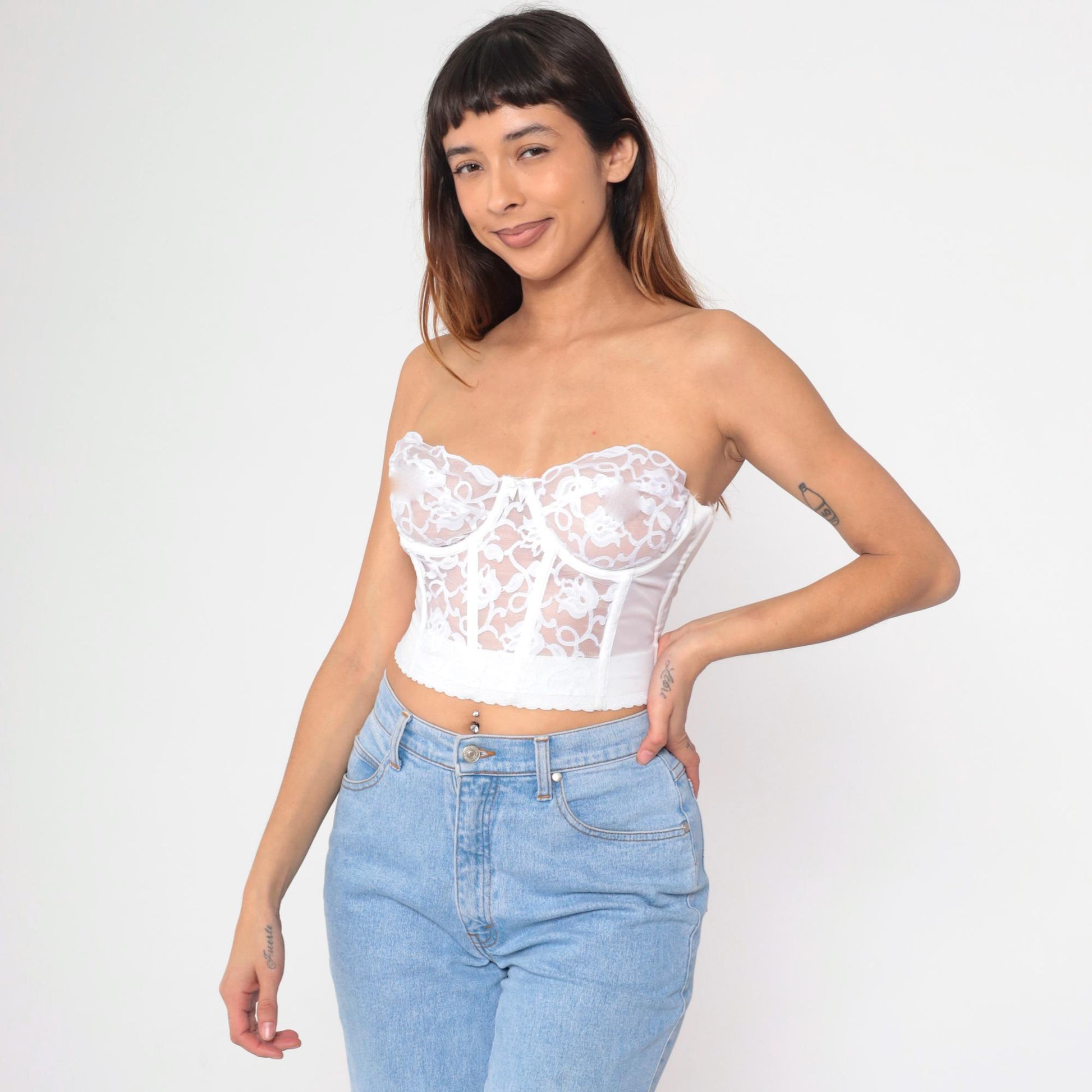 80s White Lace Bustier Corset Boned Strapless Sweetheart Bra 36C