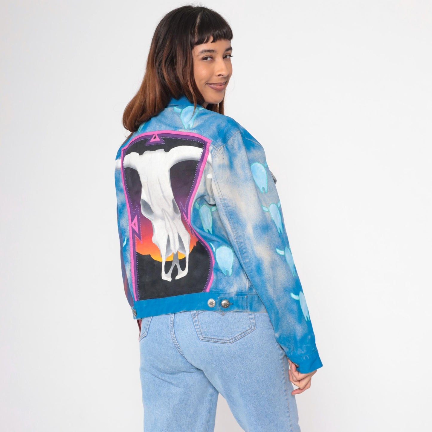 90s Airbrushed Denim Jacket Cow Skull Bison Print Western Blue Medium M