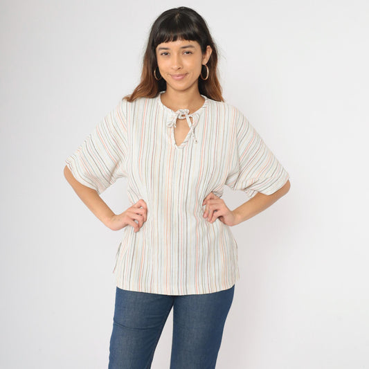 70s Striped Tunic Top White Keyhole Tie Neck Short Sleeve Small