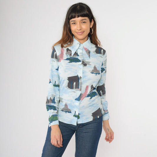 70s Loubella Parisian Print Blouse Blue Button Up Eiffel Tower Medium