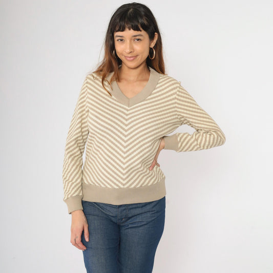 70s Tan Chevron Striped V-Neck Sweater Wool Blend Knit Small Medium