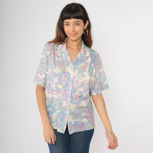 Y2K Paisley Button-Up Blouse Psychedelic Print Short Sleeve Top Large L
