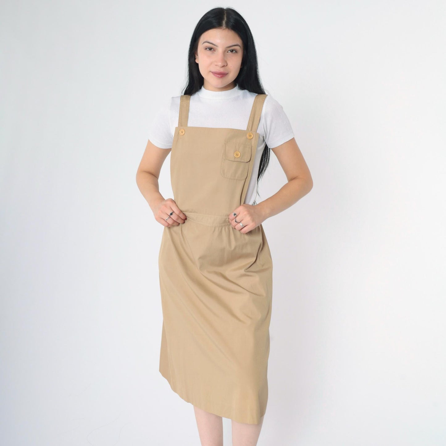 70s Khaki Midi Pinafore Dress High Waist Sleeveless Pockets Small