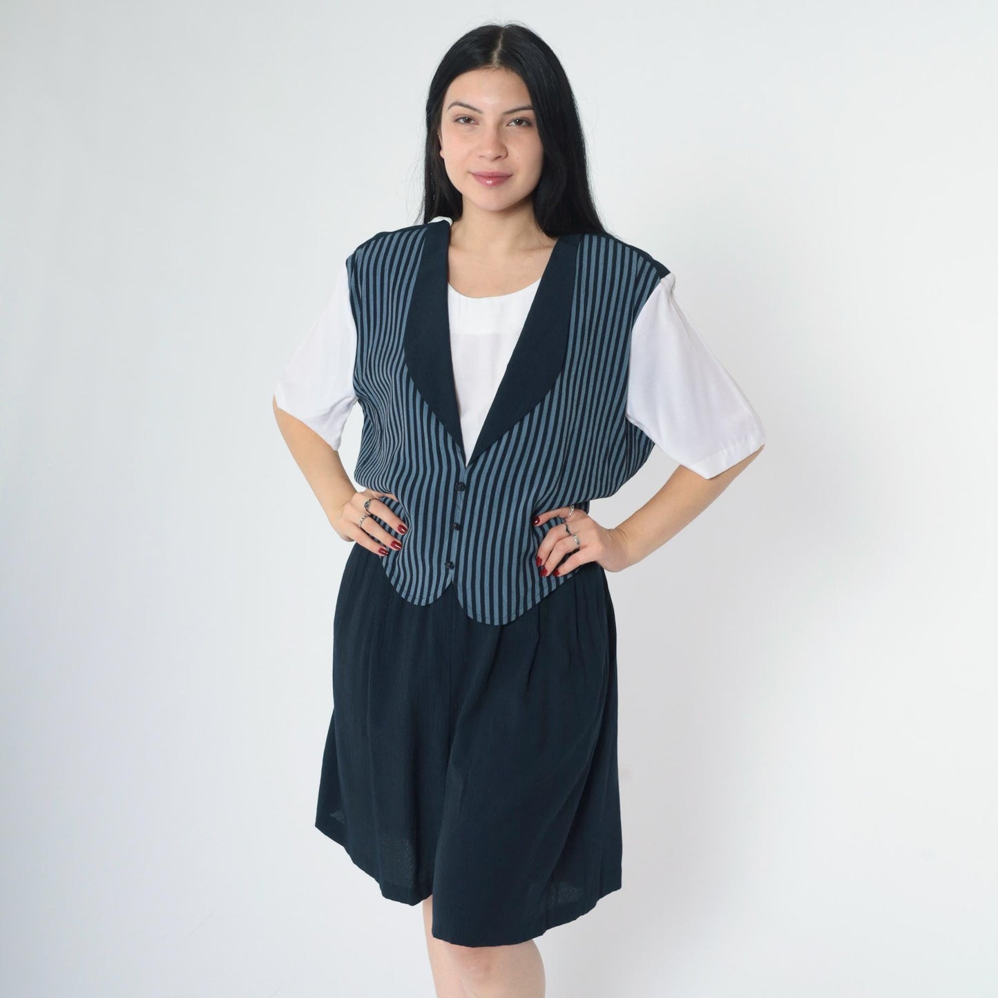 90s Navy Striped Vest Romper Wide Leg Shorts Button Up Large L