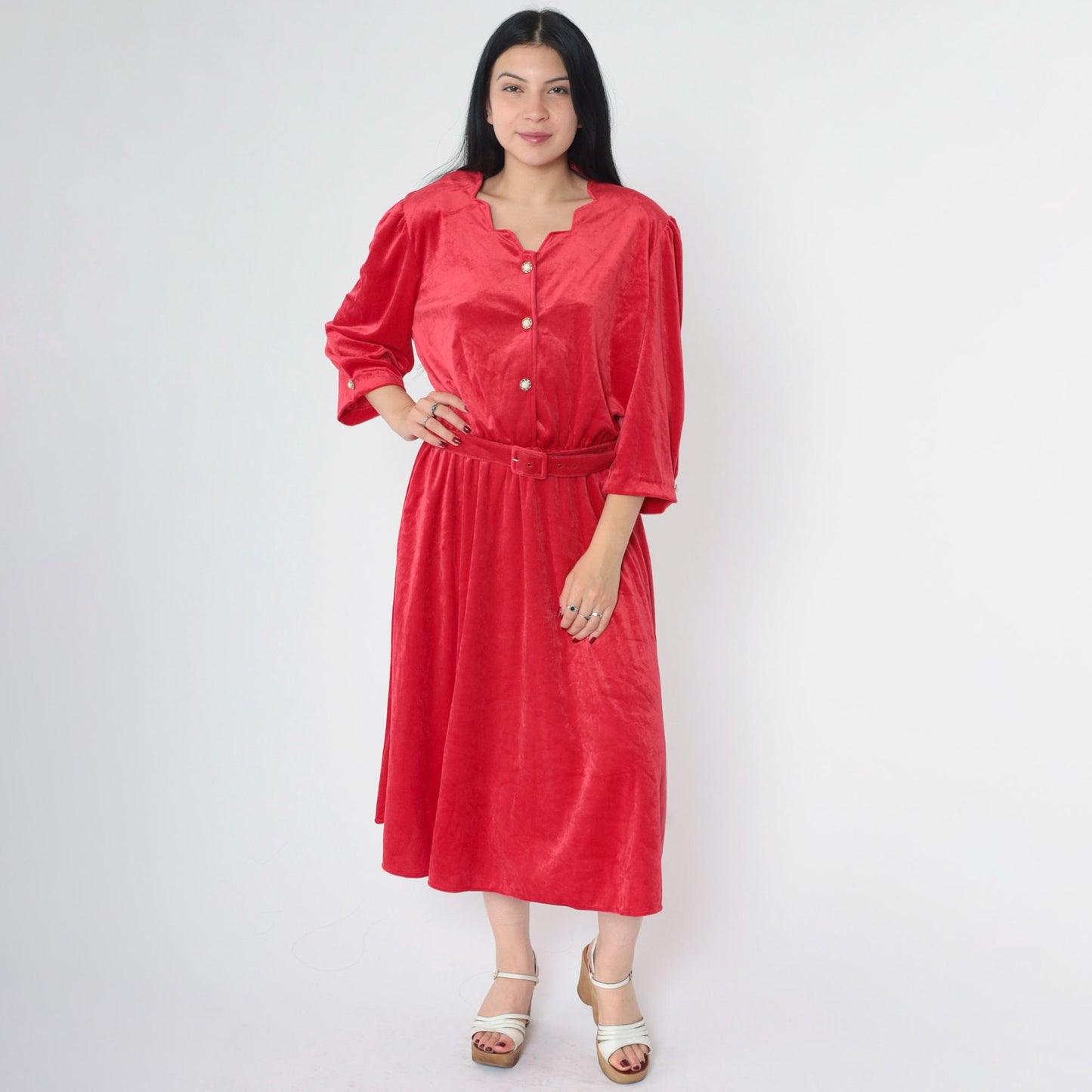 00s Red Velour Midi Dress Puff Sleeve Scallop Neck Button Up High Waist Large