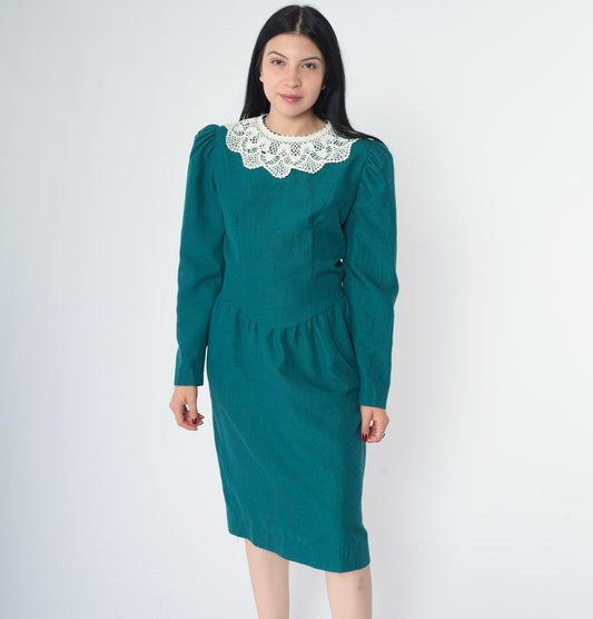 80s Teal Crochet Collar Puff Sleeve Midi Dress Pencil Skirt Small