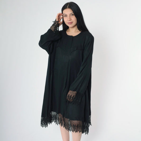 90s Black Lace Trim Button-Up Midi Dress Western Yoke Long Sleeve Extra Large XXL
