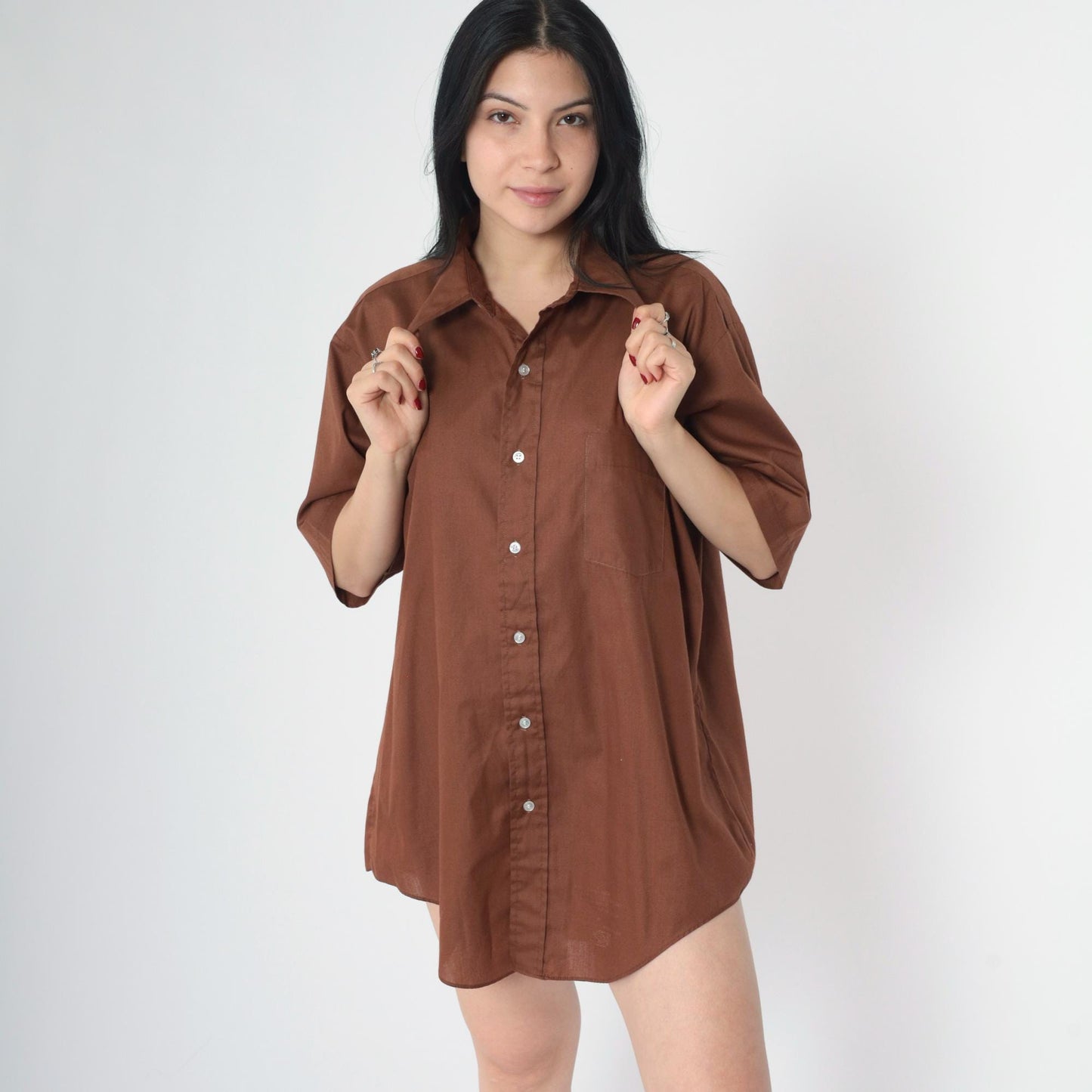 70s Brown Cotton Button-Up Shirt Short Sleeve Collared Men's Large