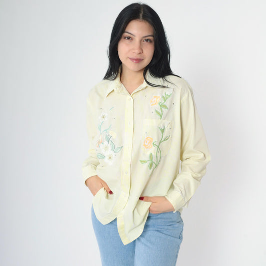 90s Apache Yellow Striped Floral Embroidered Rhinestone Button Up Blouse Medium