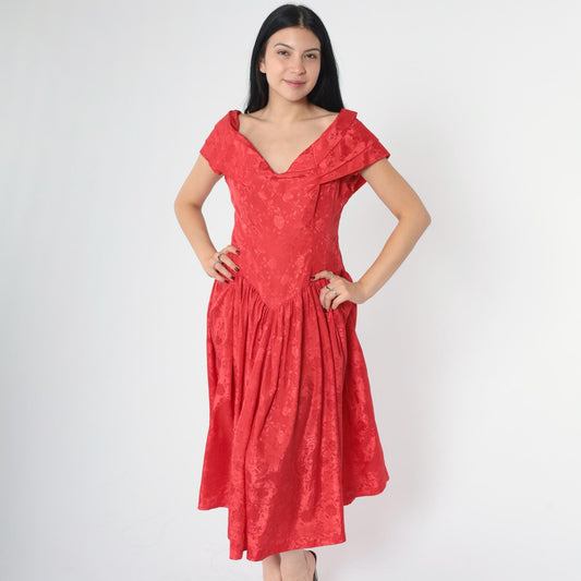 80s Red Floral Jacquard Midi Dress Off-Shoulder Pleated Collar Medium