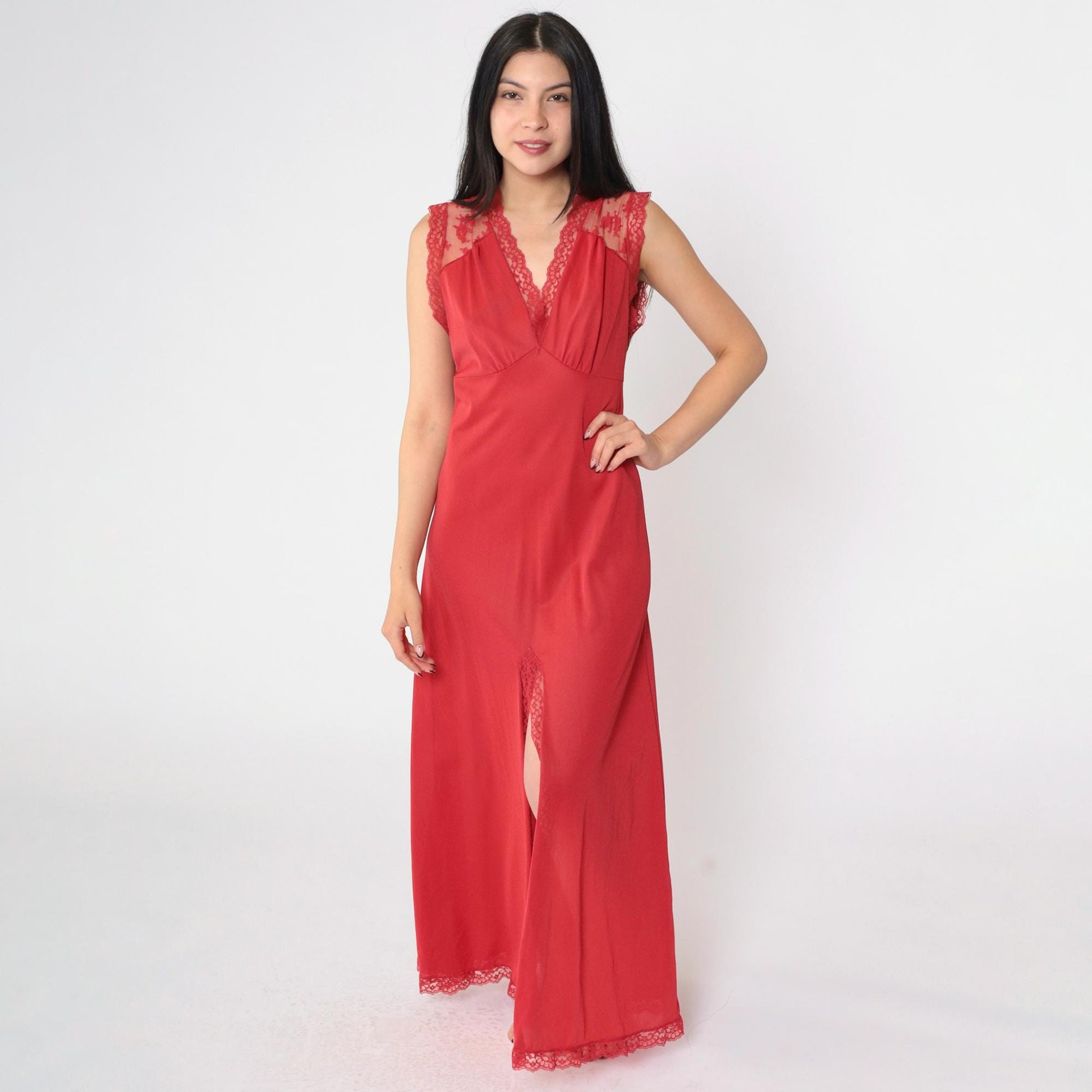 80s Gossard Artemis Red Lace Nightgown Maxi Deep V Open Back Medium