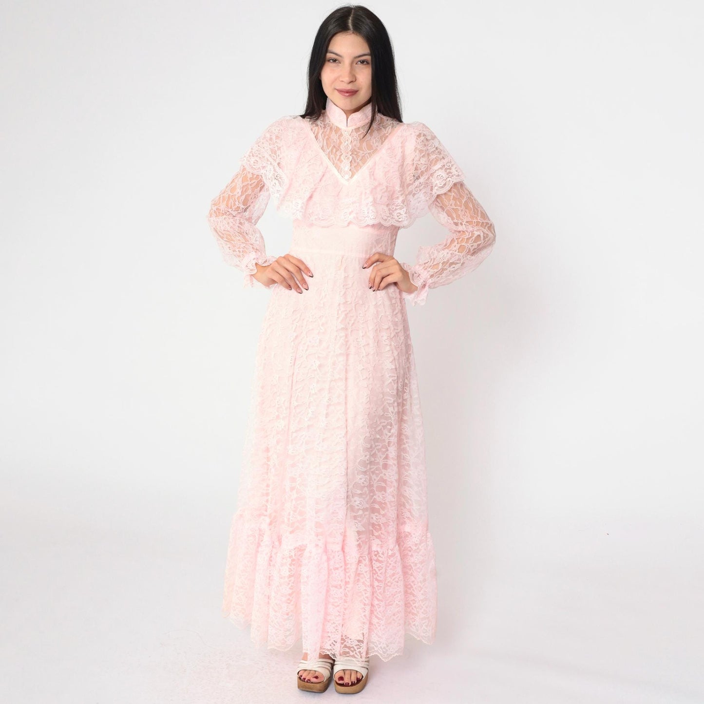 70s Pink Lace Maxi Gown High Neck Sheer Yoke Capelet Tiered Skirt Extra Small