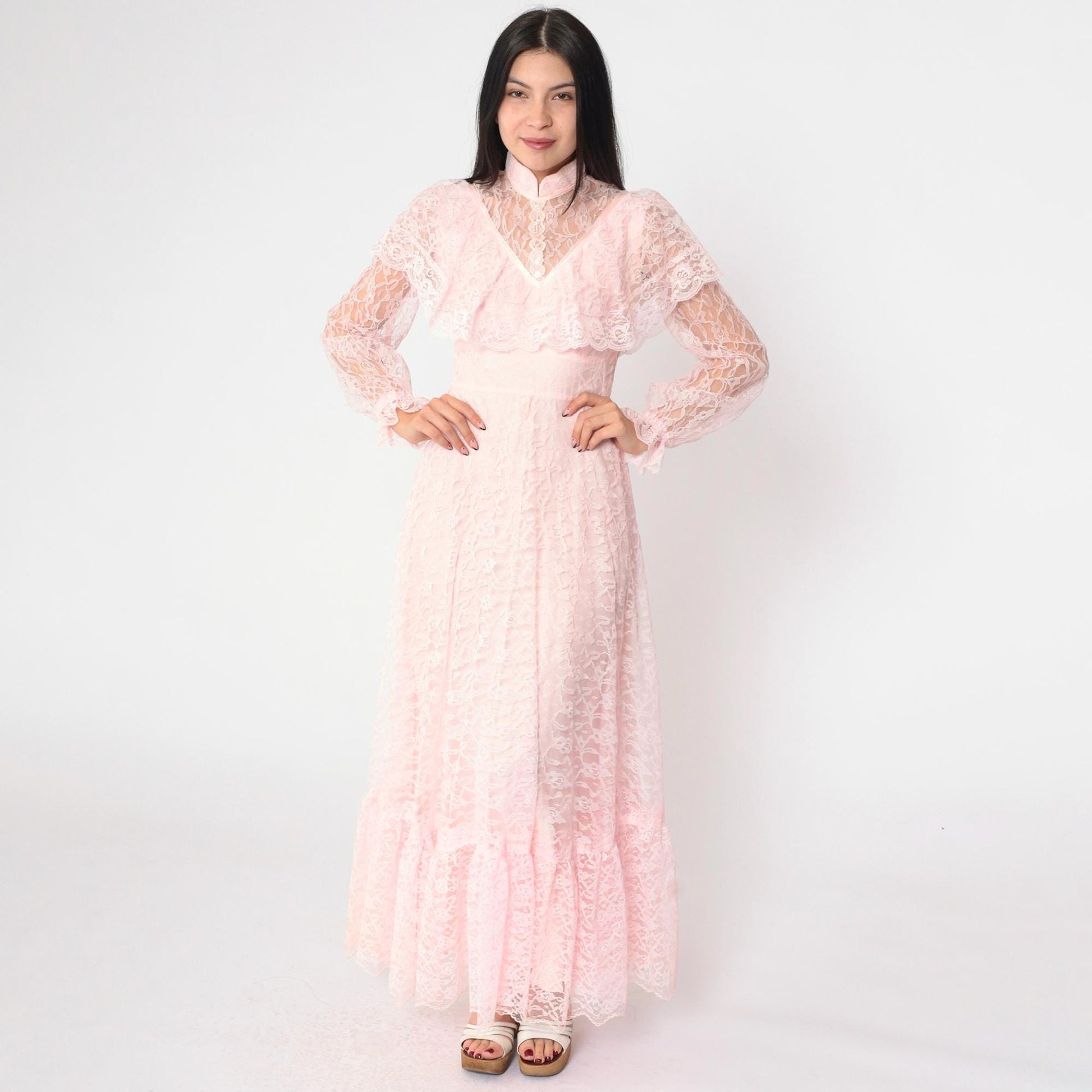 70s Pink Lace Maxi Gown High Neck Sheer Yoke Capelet Tiered Skirt Extra Small