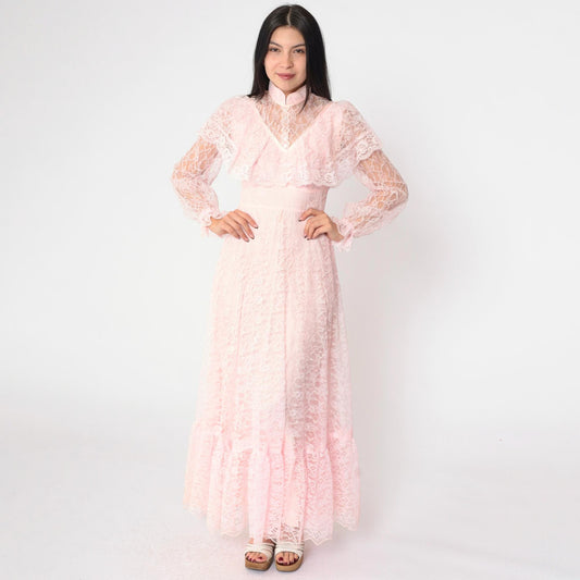 70s Pink Lace Maxi Gown High Neck Sheer Yoke Capelet Tiered Skirt Extra Small