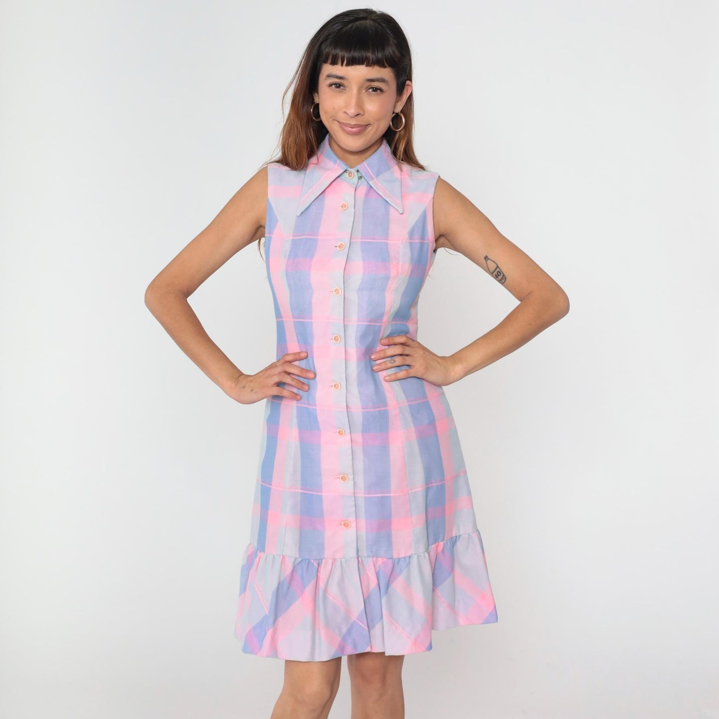 70s Burt Stanley Pastel Plaid Button-Down Dress Dagger Collar Knee-Length Small