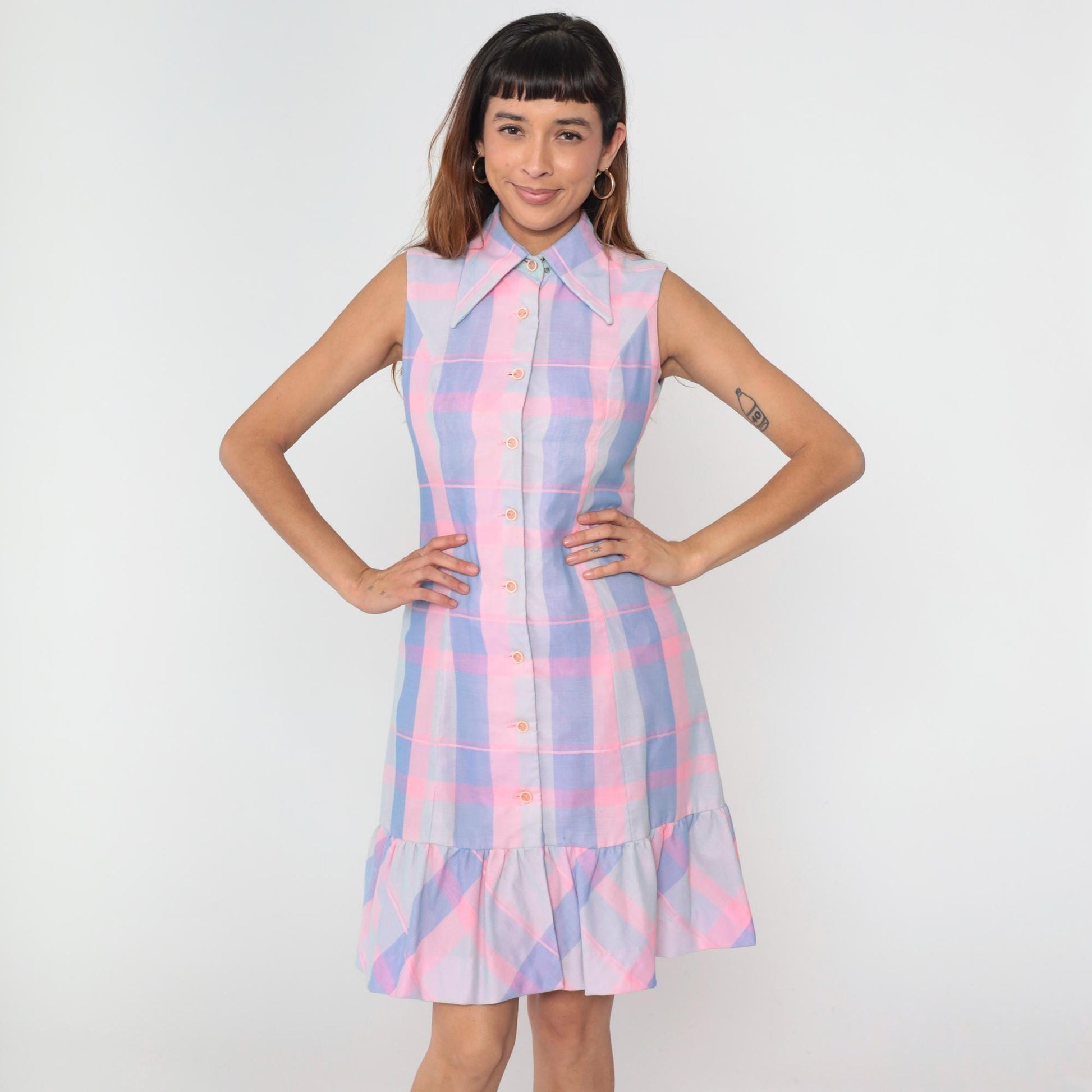 70s Burt Stanley Pastel Plaid Button-Down Dress Dagger Collar Knee-Length Small