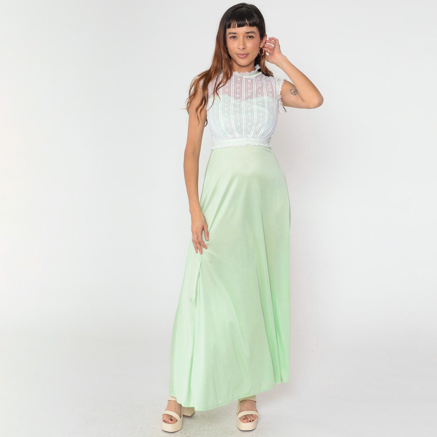 70s Pastel Green Maxi Gown White Lace High Neck Cap Sleeve Extra Small
