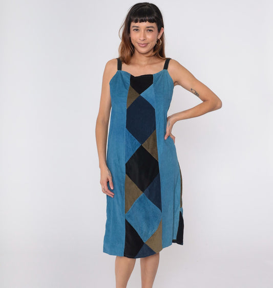 90s Blue Patchwork Corduroy Midi Dress Sleeveless Lace-Up Back Medium