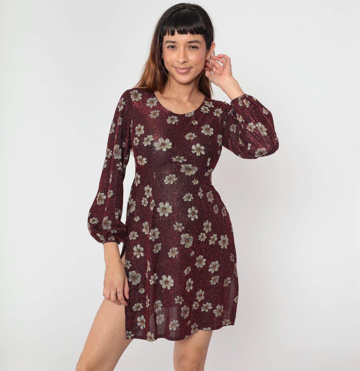 90s Metallic Floral Red Mini Dress High Slit Balloon Sleeve Extra Small