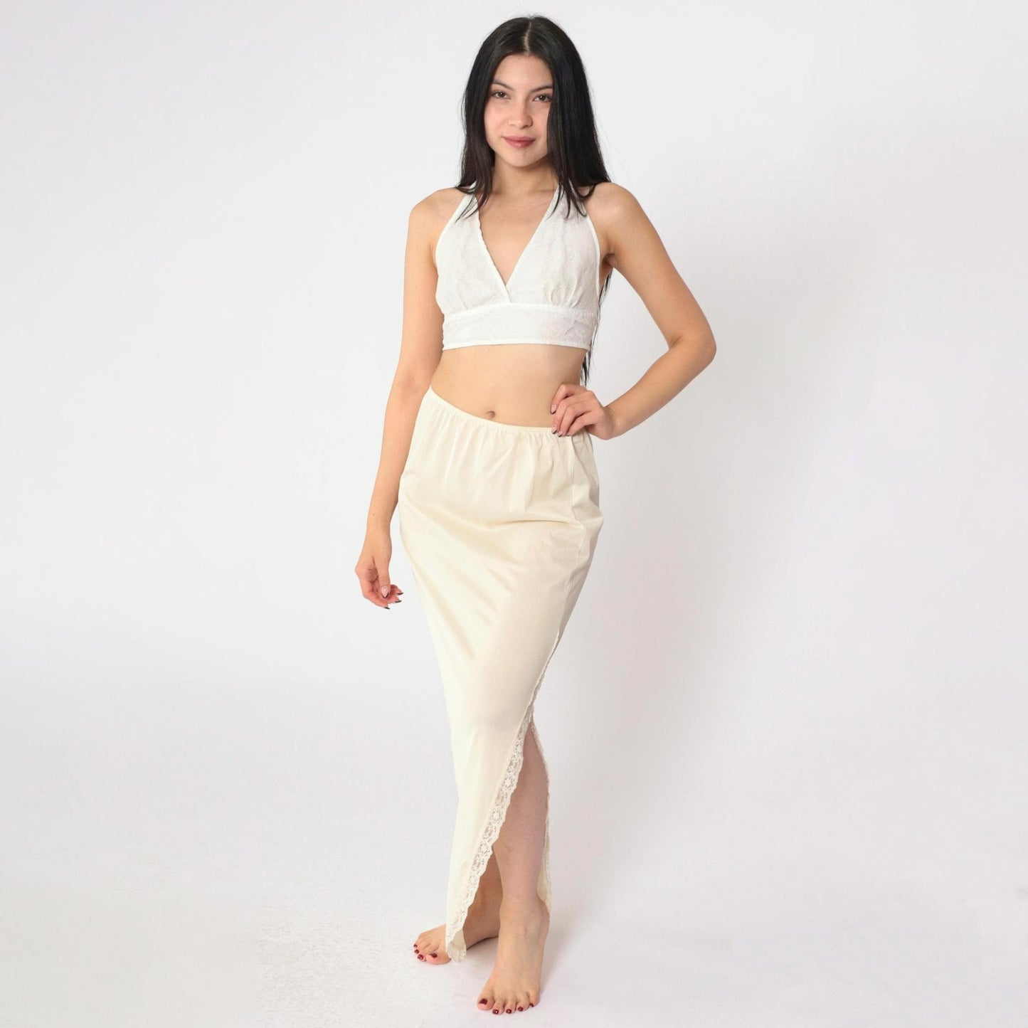 80s Cream Nylon Maxi Slip Skirt Lace Trim Side Slit Small S