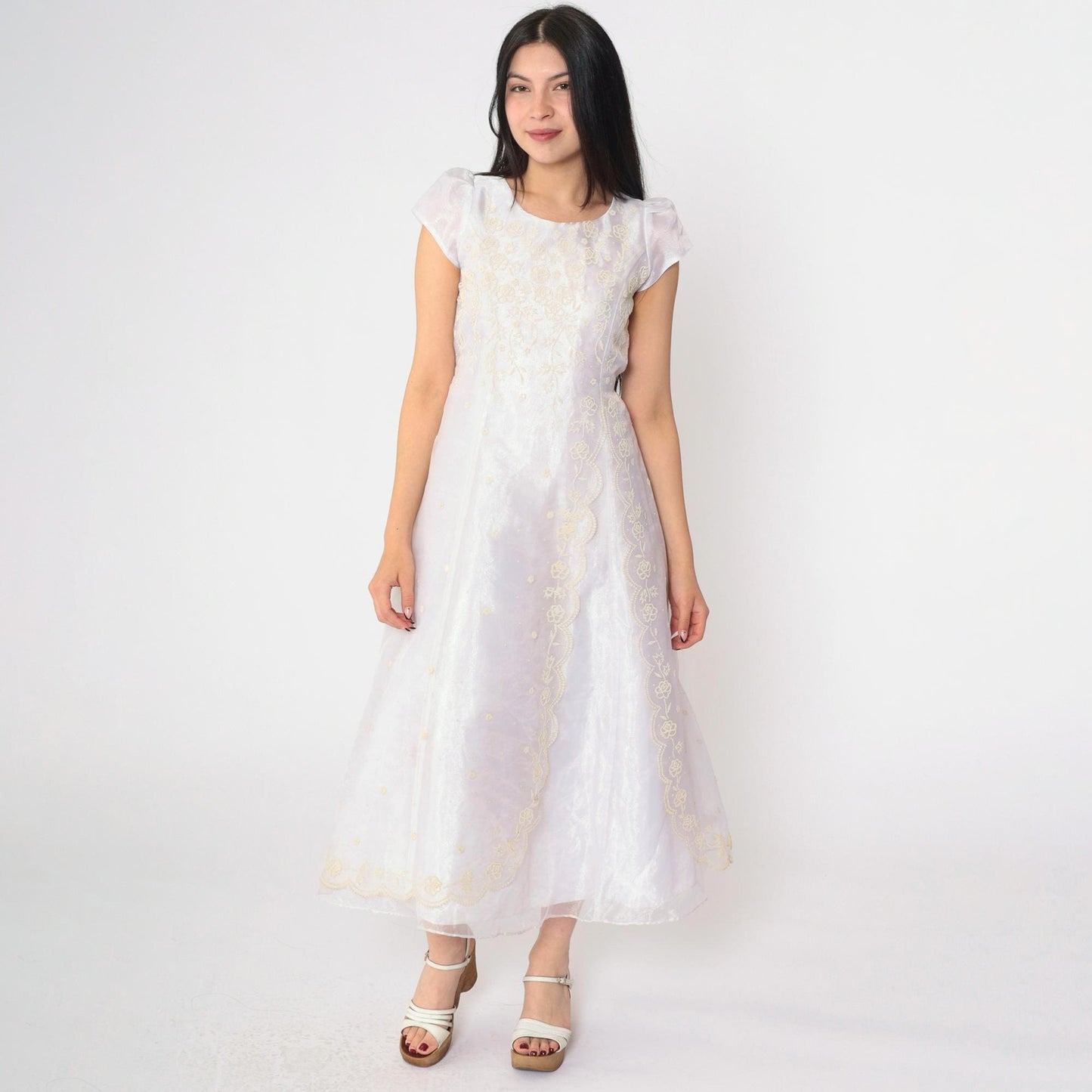 90s White Organza Midi Dress Iridescent Floral Appliqué Puff Sleeve Extra Small