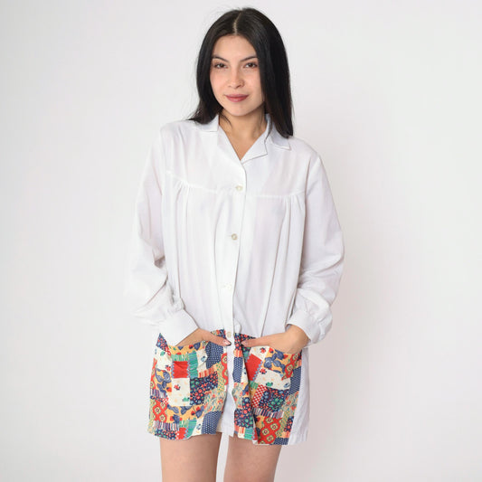 70s White Patchwork Strawberry Floral Button-Up Blouse Long Sleeve Extra Large