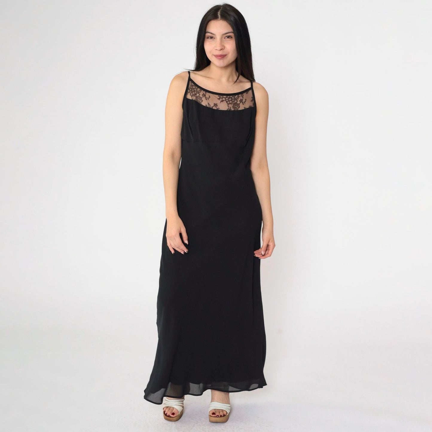 90s Jessica McClintock Gunne Sax Black Maxi Dress Spaghetti Strap Low Back Medium